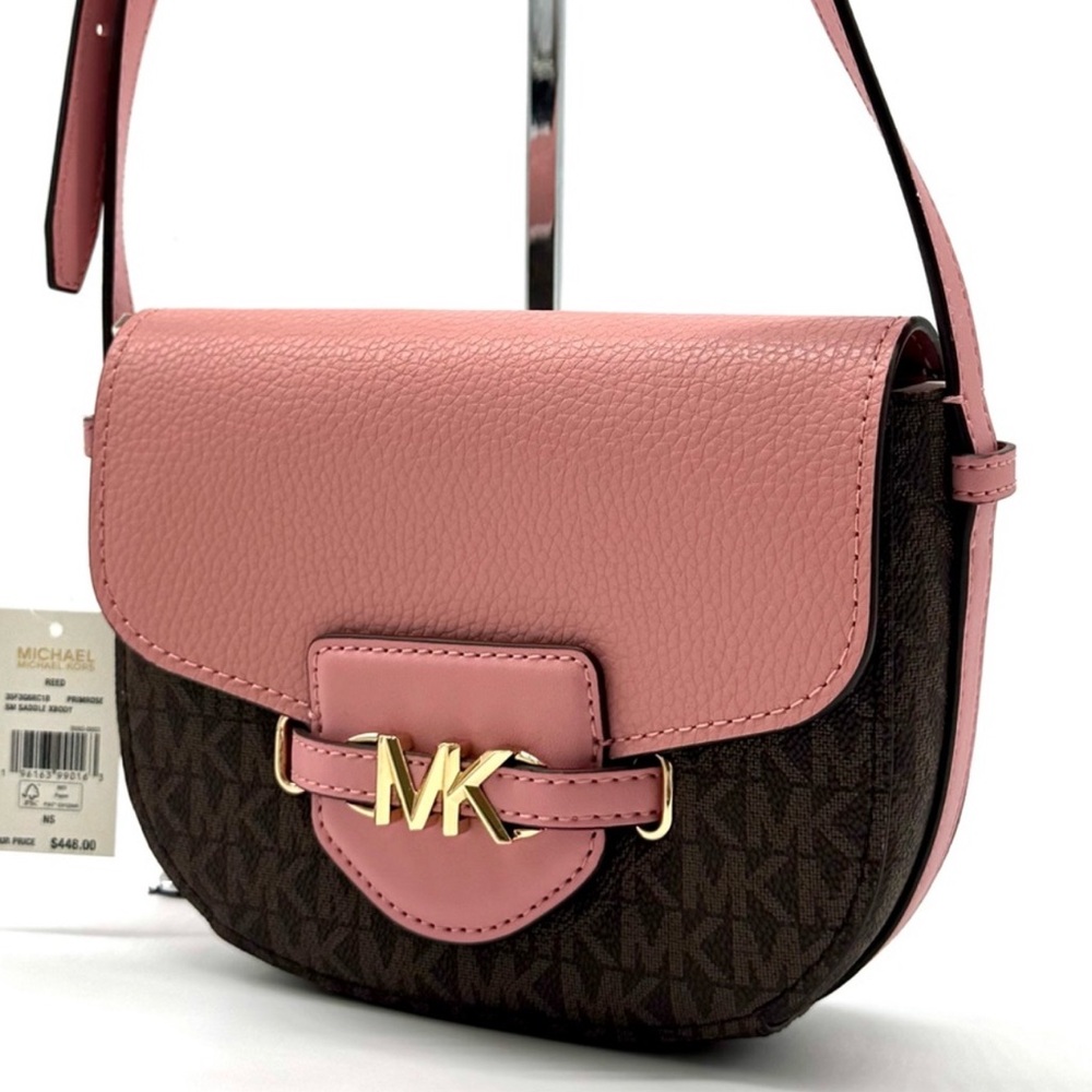 Michael Kors Small Reed Leather Saddle Crossbody Bag Brown/Light Pink